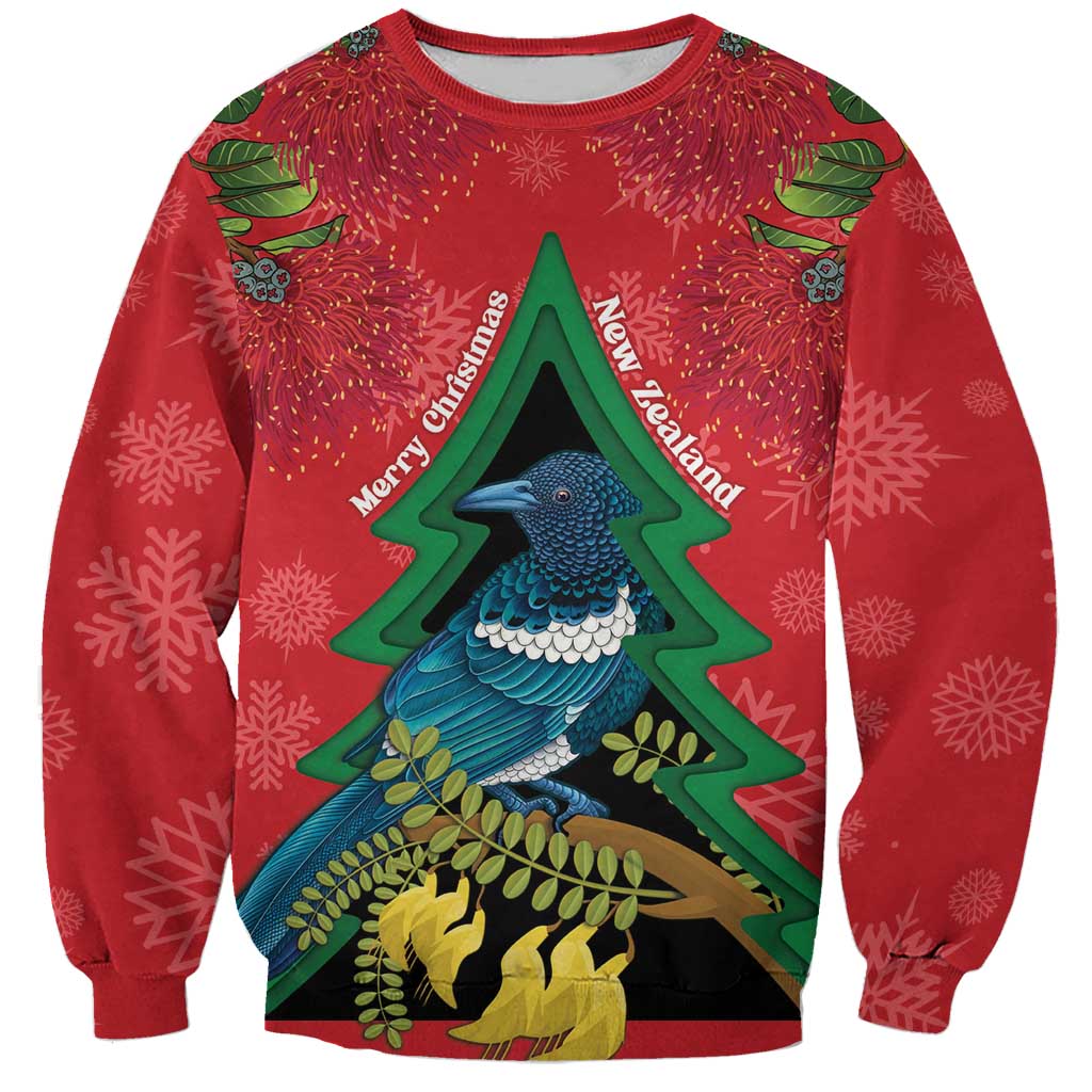New Zealand Christmas In July Sweatshirt Kowhai Tui Bird With Pohutukawa - Red