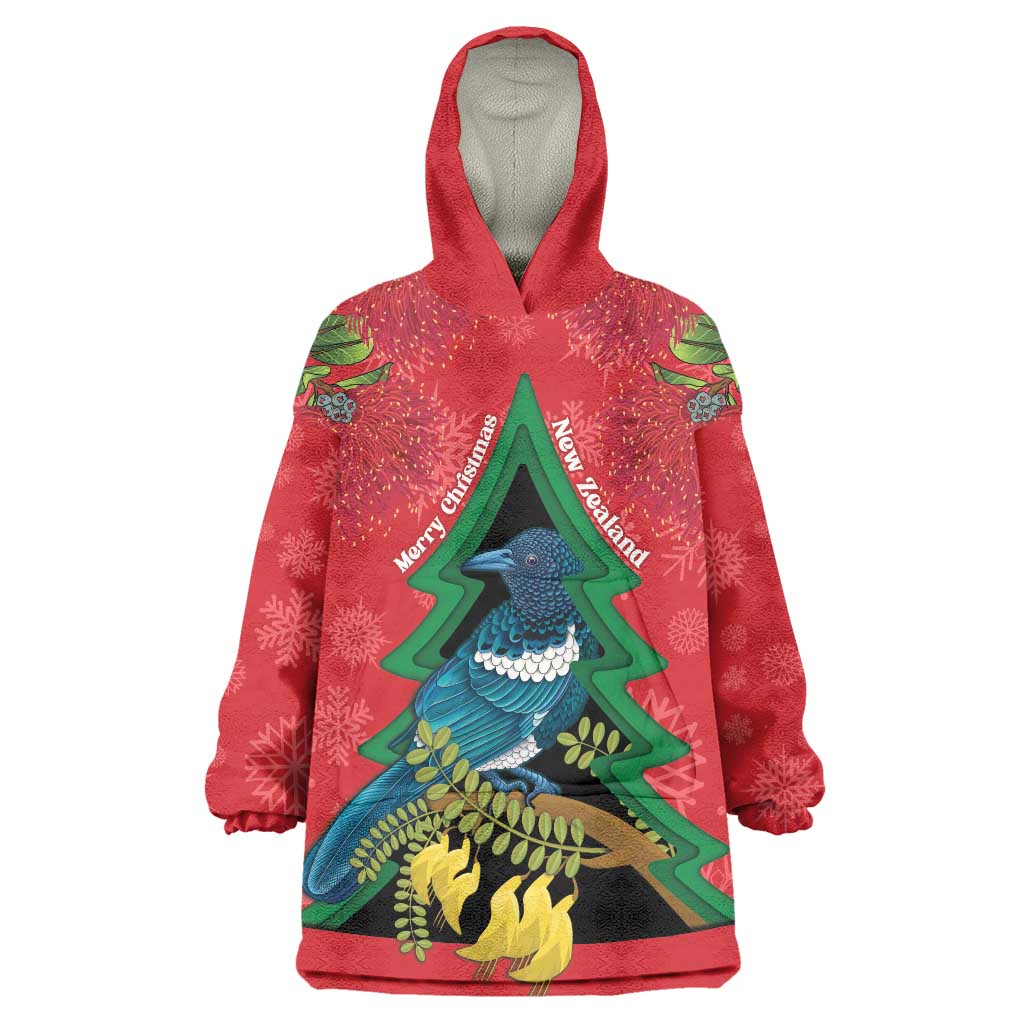 New Zealand Christmas In July Wearable Blanket Hoodie Kowhai Tui Bird With Pohutukawa - Red