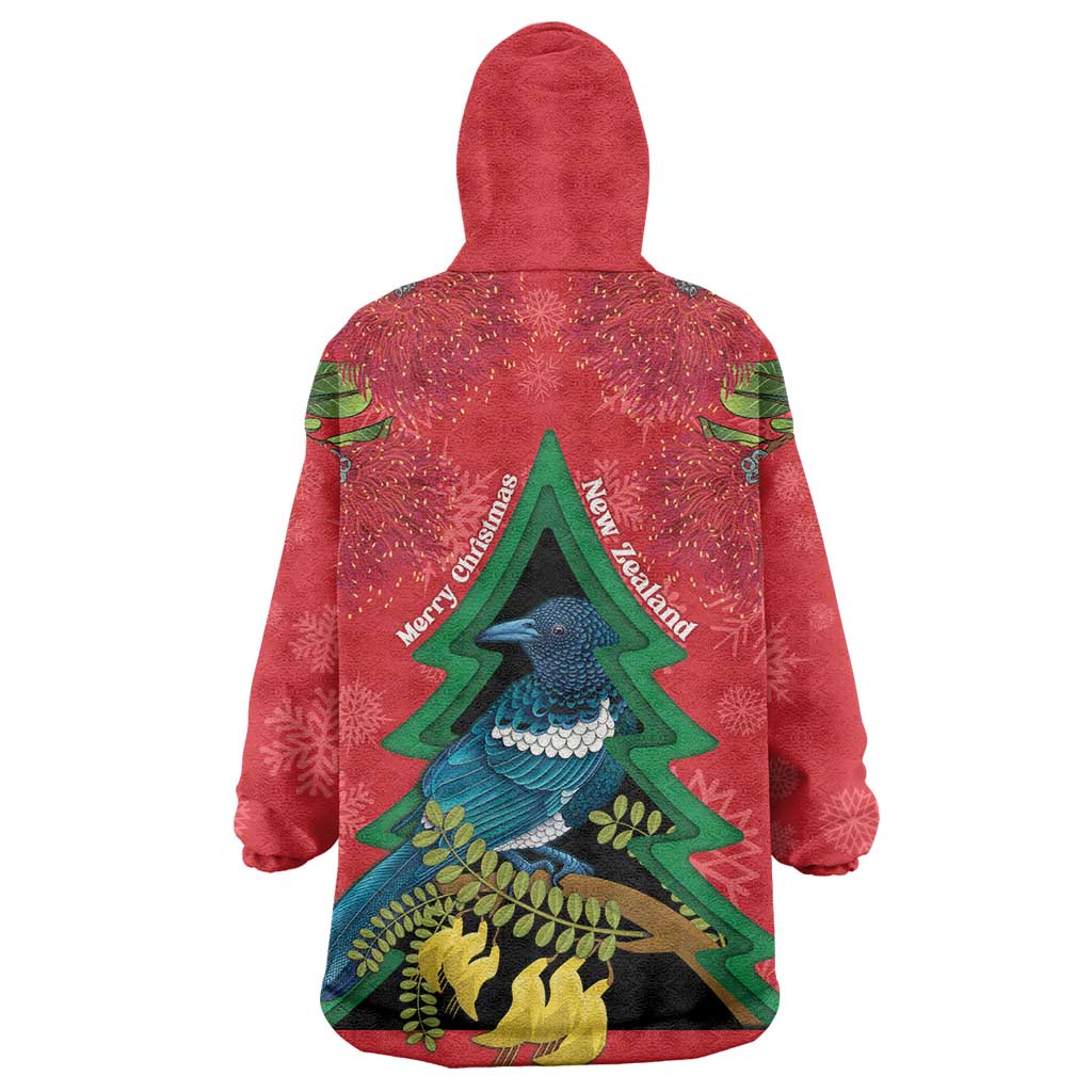 New Zealand Christmas In July Wearable Blanket Hoodie Kowhai Tui Bird With Pohutukawa - Red