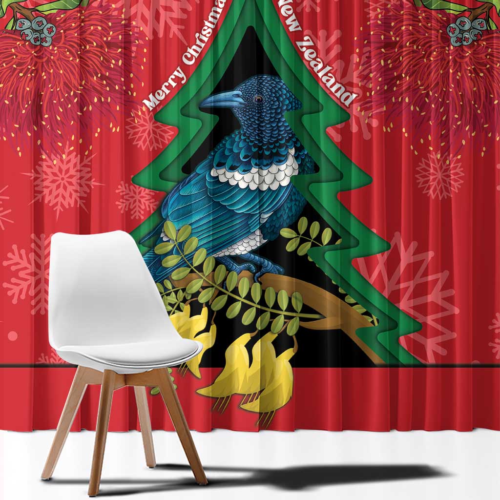 New Zealand Christmas In July Window Curtain Kowhai Tui Bird With Pohutukawa - Red