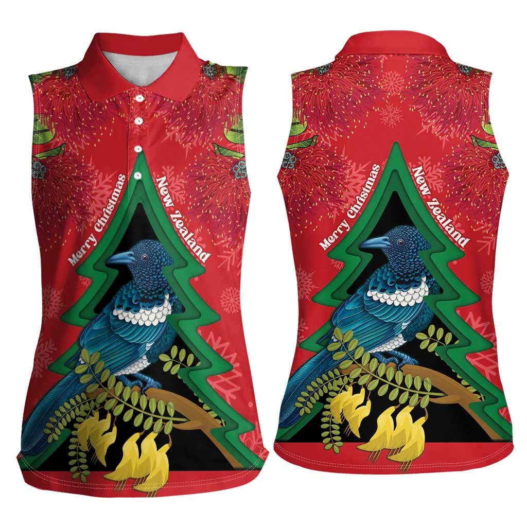 New Zealand Christmas In July Women Sleeveless Polo Shirt Kowhai Tui Bird With Pohutukawa - Red