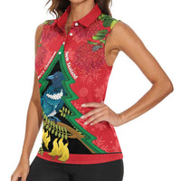 New Zealand Christmas In July Women Sleeveless Polo Shirt Kowhai Tui Bird With Pohutukawa - Red