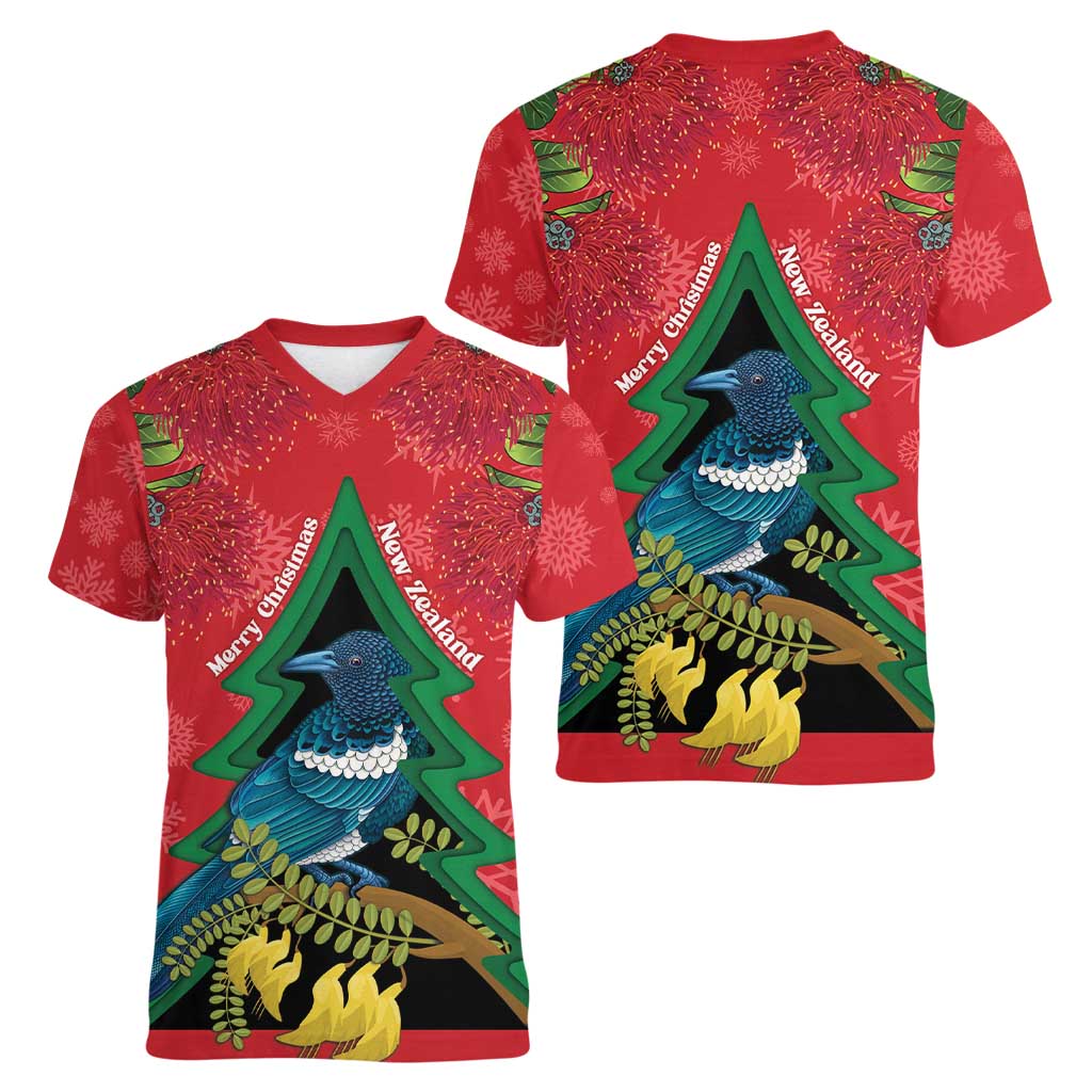 New Zealand Christmas In July Women V-Neck T-Shirt Kowhai Tui Bird With Pohutukawa - Red