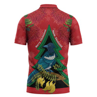 New Zealand Christmas In July Zipper Polo Shirt Kowhai Tui Bird With Pohutukawa - Red - Polynesian Pride