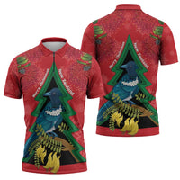 New Zealand Christmas In July Zipper Polo Shirt Kowhai Tui Bird With Pohutukawa - Red - Polynesian Pride