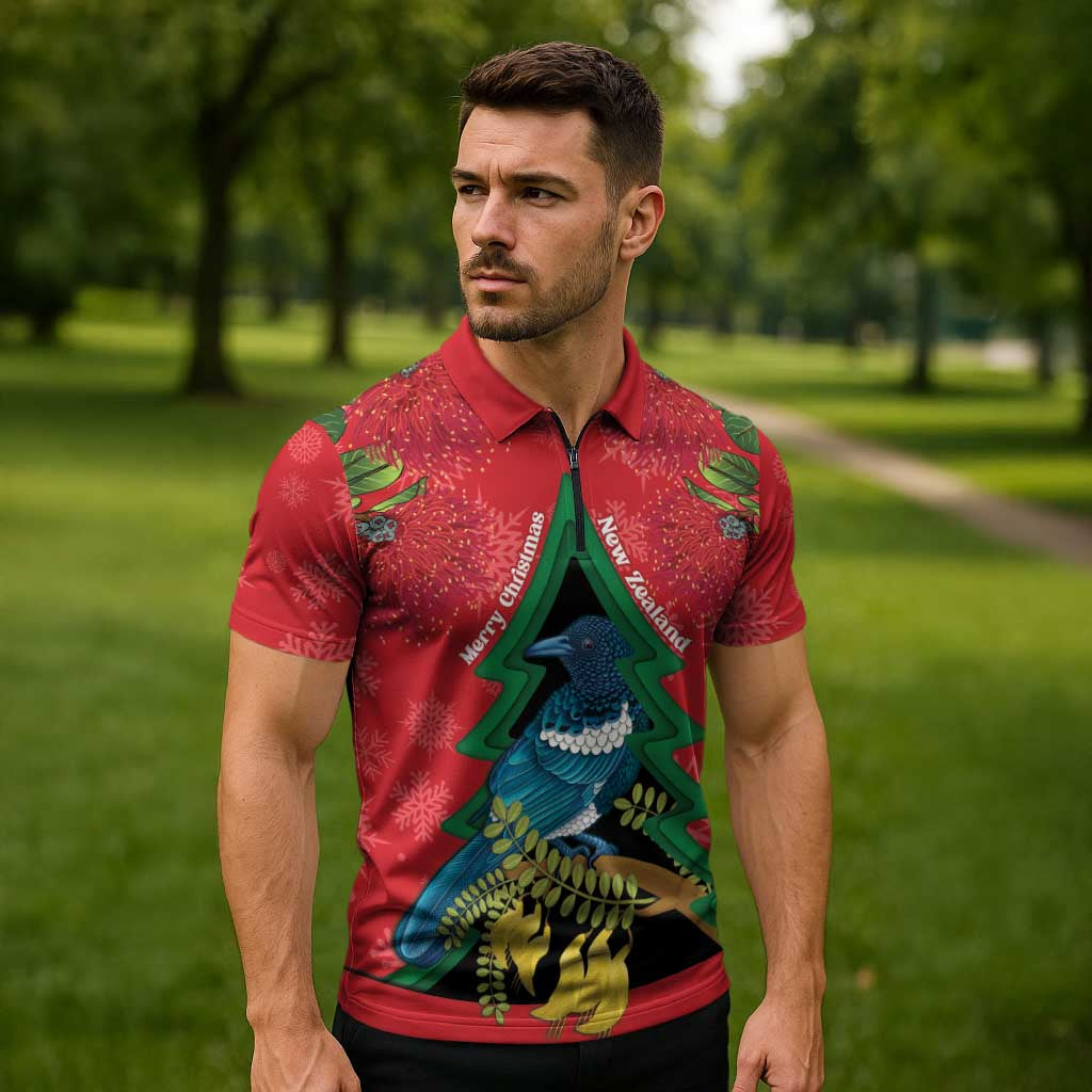 New Zealand Christmas In July Zipper Polo Shirt Kowhai Tui Bird With Pohutukawa - Red - Polynesian Pride