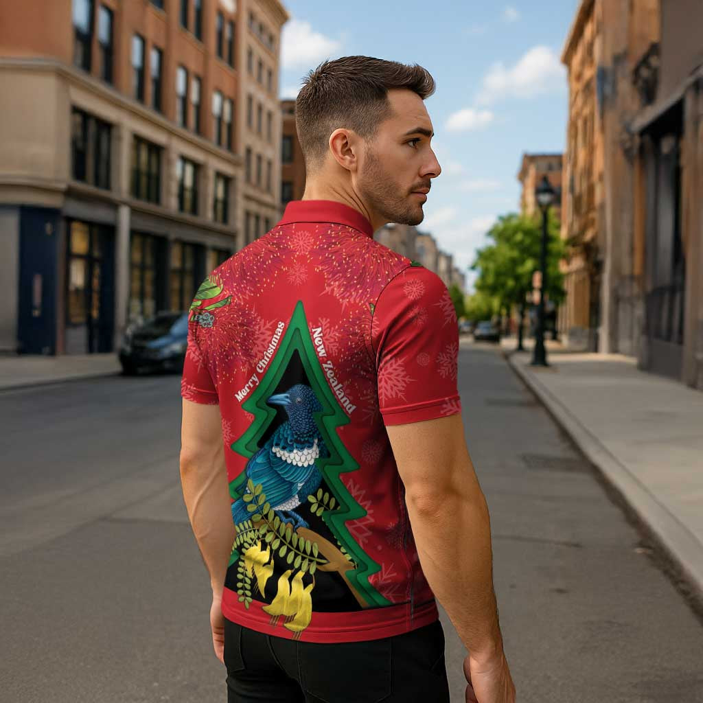 New Zealand Christmas In July Zipper Polo Shirt Kowhai Tui Bird With Pohutukawa - Red - Polynesian Pride