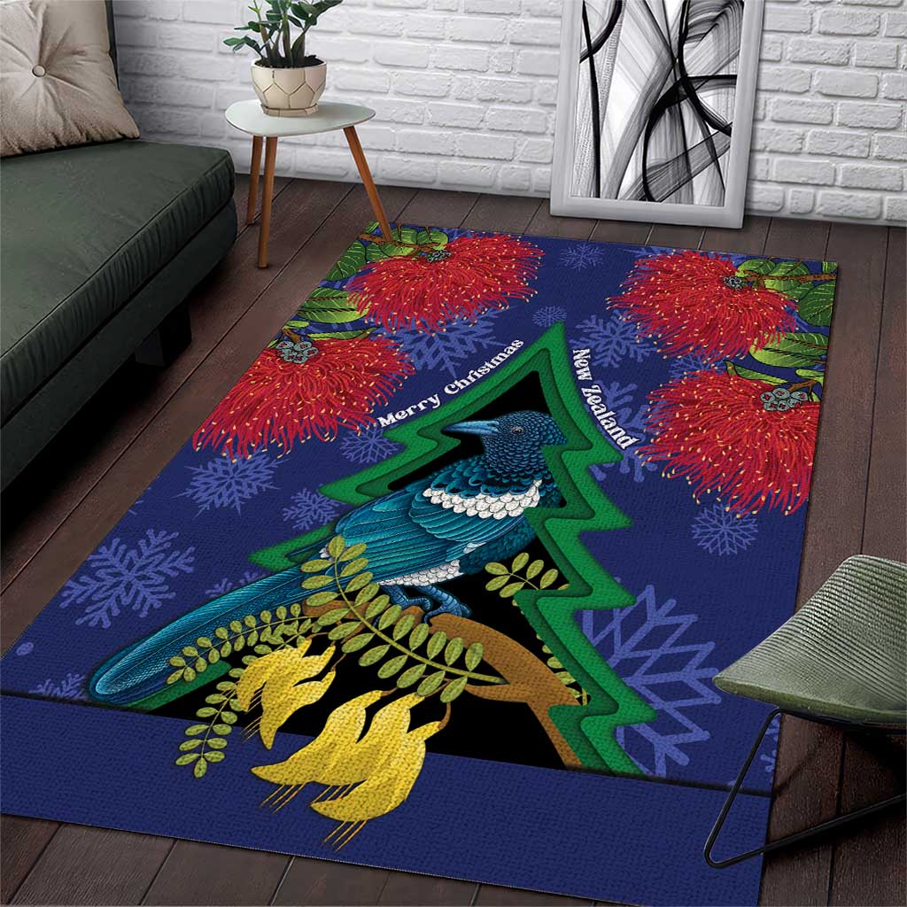 New Zealand Christmas In July Area Rug Kowhai Tui Bird With Pohutukawa - Blue