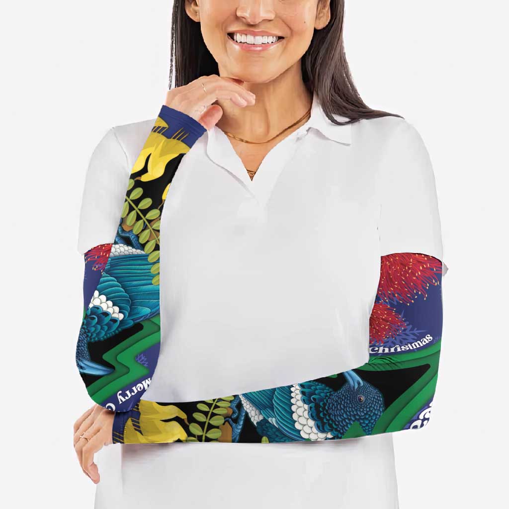New Zealand Christmas In July Arm Sleeves Kowhai Tui Bird With Pohutukawa - Blue - Polynesian Pride