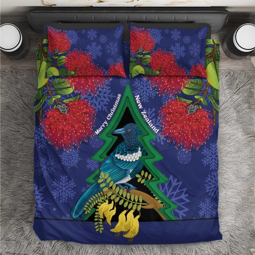 New Zealand Christmas In July Bedding Set Kowhai Tui Bird With Pohutukawa - Blue