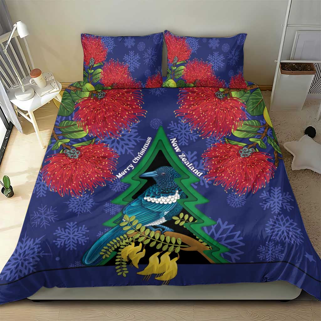 New Zealand Christmas In July Bedding Set Kowhai Tui Bird With Pohutukawa - Blue