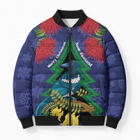 New Zealand Christmas In July Bomber Puffer Jacket Kowhai Tui Bird With Pohutukawa - Blue - Polynesian Pride