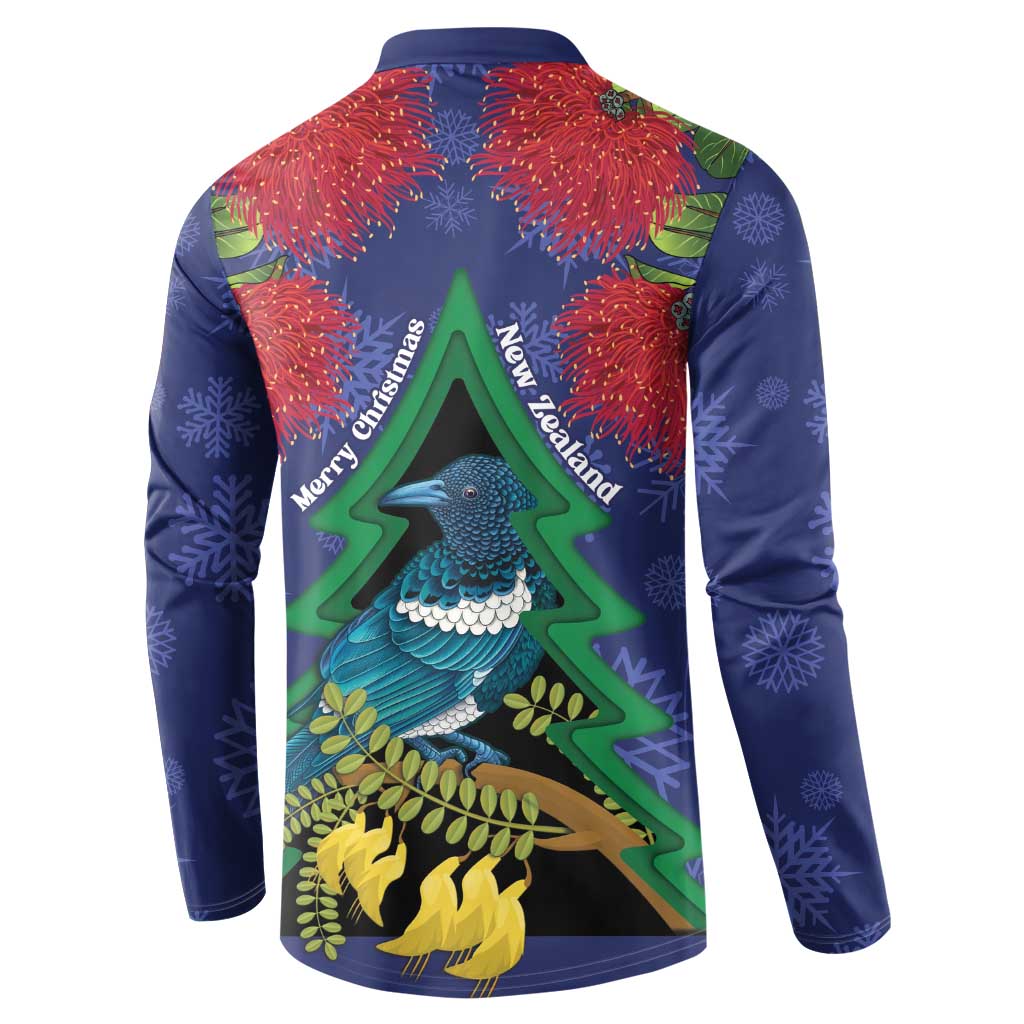 New Zealand Christmas In July Button Sweatshirt Kowhai Tui Bird With Pohutukawa - Blue