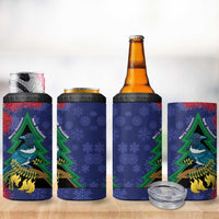 New Zealand Christmas In July 4 in 1 Can Cooler Tumbler Kowhai Tui Bird With Pohutukawa - Blue