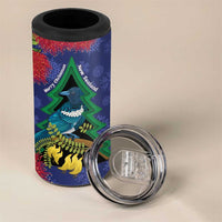 New Zealand Christmas In July 4 in 1 Can Cooler Tumbler Kowhai Tui Bird With Pohutukawa - Blue