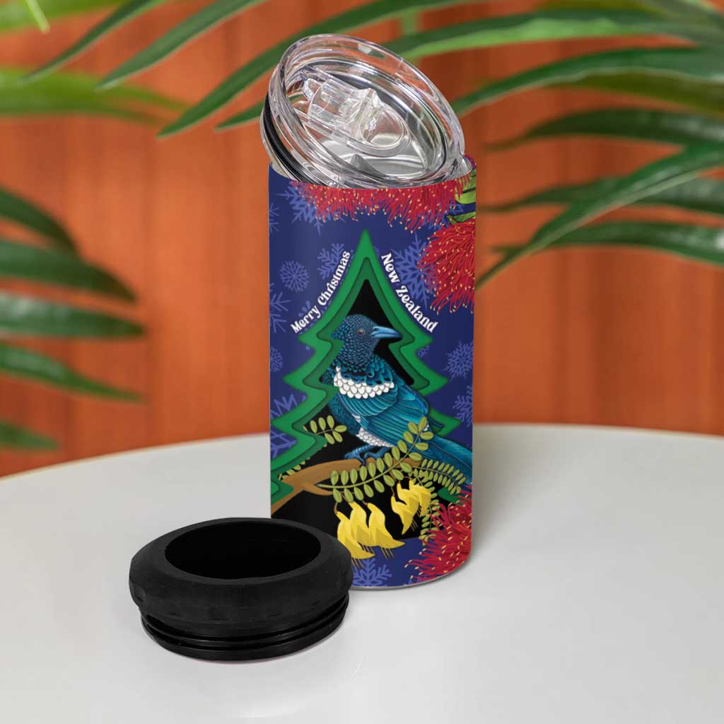 New Zealand Christmas In July 4 in 1 Can Cooler Tumbler Kowhai Tui Bird With Pohutukawa - Blue