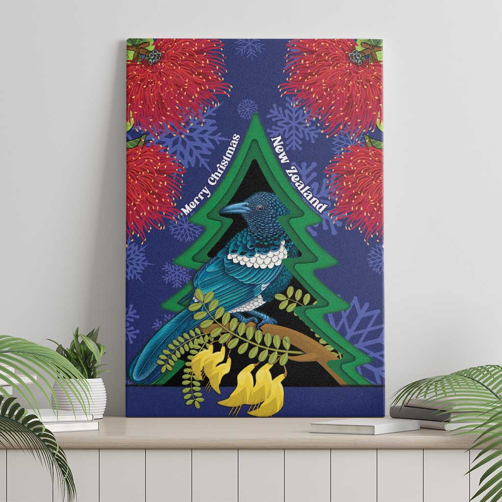 New Zealand Christmas In July Canvas Wall Art Kowhai Tui Bird With Pohutukawa - Blue