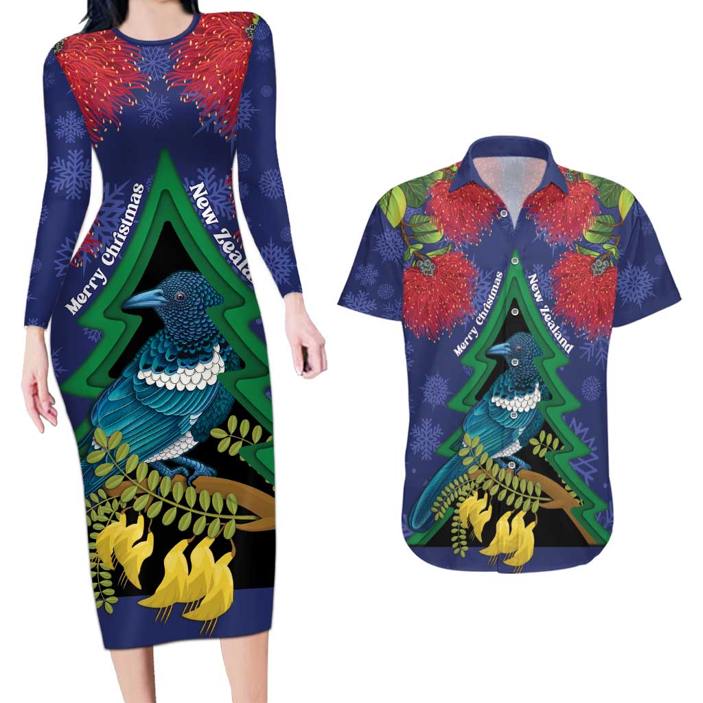 New Zealand Christmas In July Couples Matching Long Sleeve Bodycon Dress and Hawaiian Shirt Kowhai Tui Bird With Pohutukawa - Blue