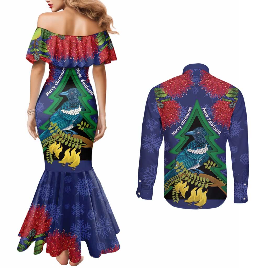 New Zealand Christmas In July Couples Matching Mermaid Dress and Long Sleeve Button Shirt Kowhai Tui Bird With Pohutukawa - Blue