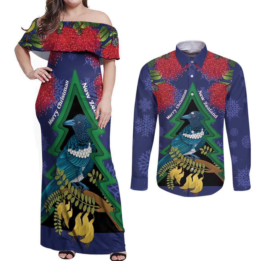New Zealand Christmas In July Couples Matching Off Shoulder Maxi Dress and Long Sleeve Button Shirt Kowhai Tui Bird With Pohutukawa - Blue