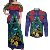 New Zealand Christmas In July Couples Matching Off Shoulder Maxi Dress and Long Sleeve Button Shirt Kowhai Tui Bird With Pohutukawa - Blue