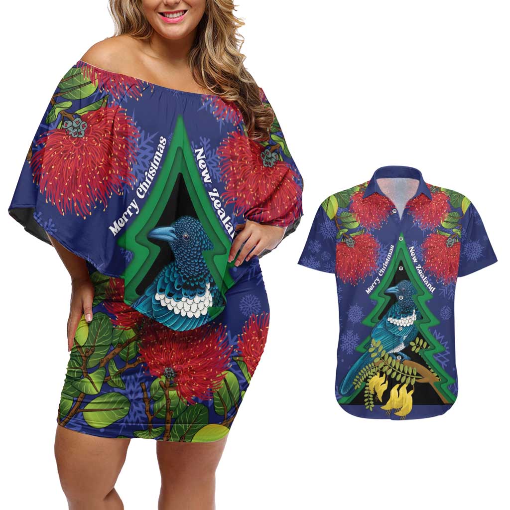 New Zealand Christmas In July Couples Matching Off Shoulder Short Dress and Hawaiian Shirt Kowhai Tui Bird With Pohutukawa - Blue