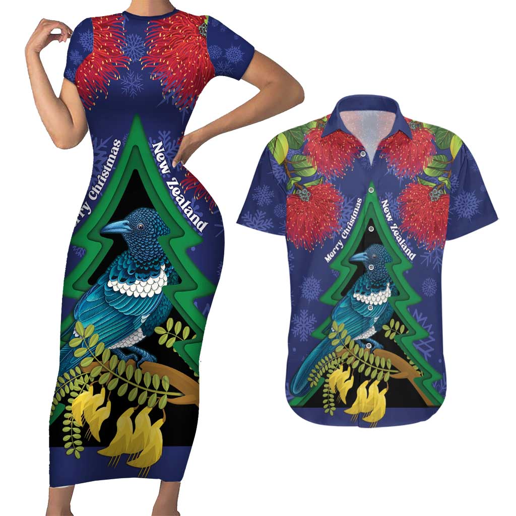 New Zealand Christmas In July Couples Matching Short Sleeve Bodycon Dress and Hawaiian Shirt Kowhai Tui Bird With Pohutukawa - Blue