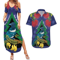 New Zealand Christmas In July Couples Matching Summer Maxi Dress and Hawaiian Shirt Kowhai Tui Bird With Pohutukawa - Blue