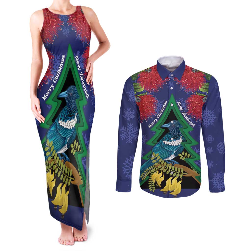 New Zealand Christmas In July Couples Matching Tank Maxi Dress and Long Sleeve Button Shirt Kowhai Tui Bird With Pohutukawa - Blue