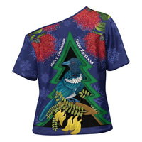 New Zealand Christmas In July Cross Shoulder Shirt Kowhai Tui Bird With Pohutukawa - Blue - Polynesian Pride