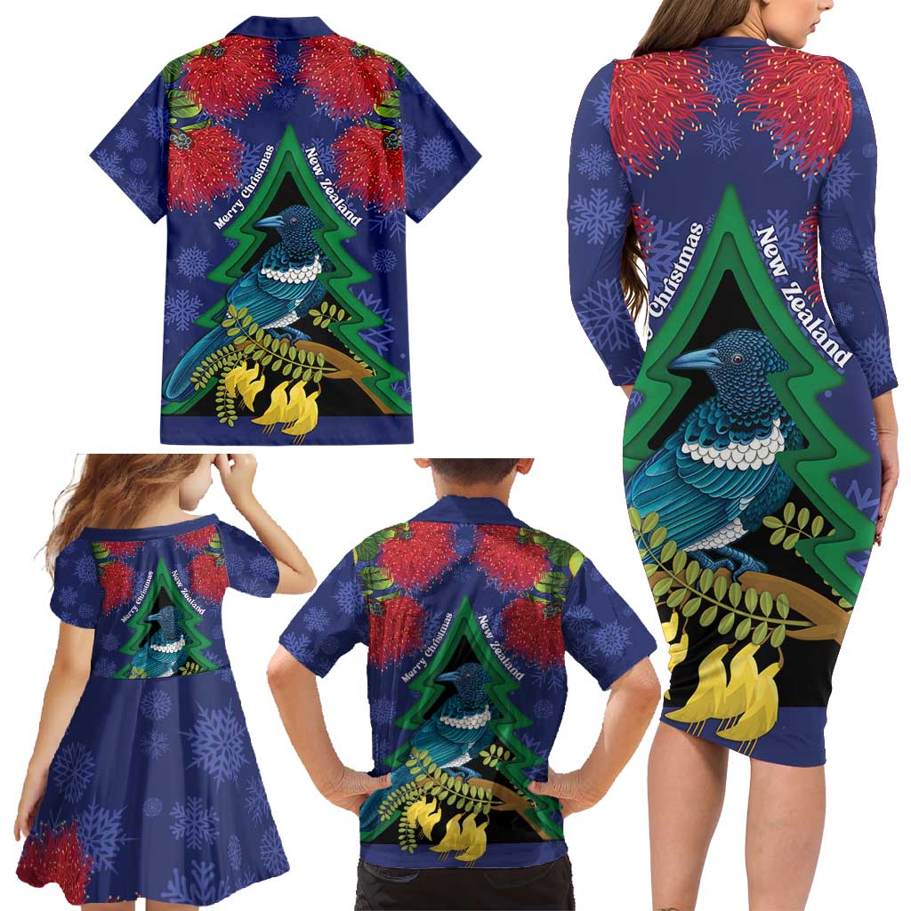 New Zealand Christmas In July Family Matching Long Sleeve Bodycon Dress and Hawaiian Shirt Kowhai Tui Bird With Pohutukawa - Blue