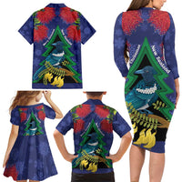 New Zealand Christmas In July Family Matching Long Sleeve Bodycon Dress and Hawaiian Shirt Kowhai Tui Bird With Pohutukawa - Blue