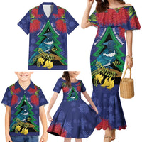 New Zealand Christmas In July Family Matching Mermaid Dress and Hawaiian Shirt Kowhai Tui Bird With Pohutukawa - Blue