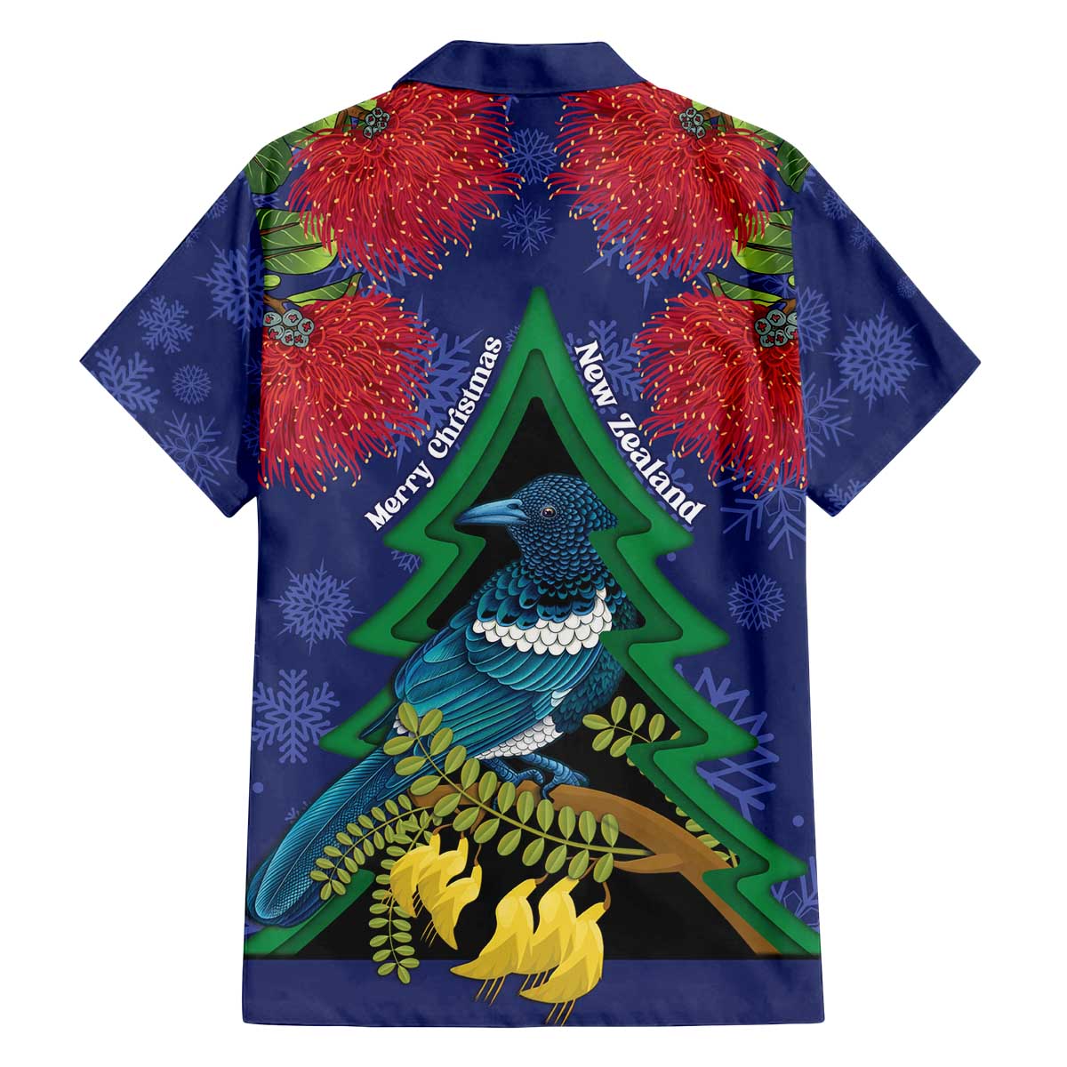New Zealand Christmas In July Family Matching Off The Shoulder Long Sleeve Dress and Hawaiian Shirt Kowhai Tui Bird With Pohutukawa - Blue