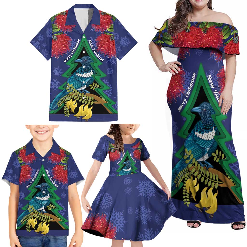 New Zealand Christmas In July Family Matching Off Shoulder Maxi Dress and Hawaiian Shirt Kowhai Tui Bird With Pohutukawa - Blue