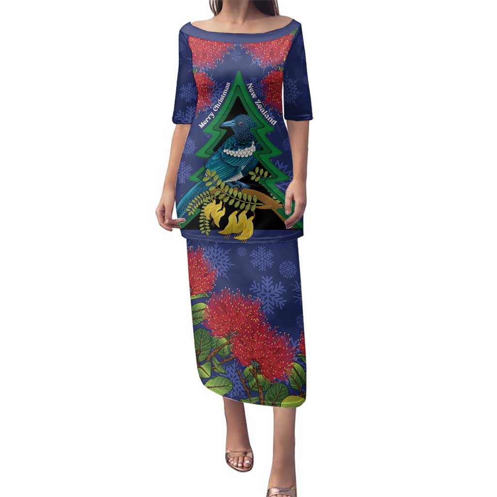 New Zealand Christmas In July Family Matching Puletasi and Hawaiian Shirt Kowhai Tui Bird With Pohutukawa - Blue