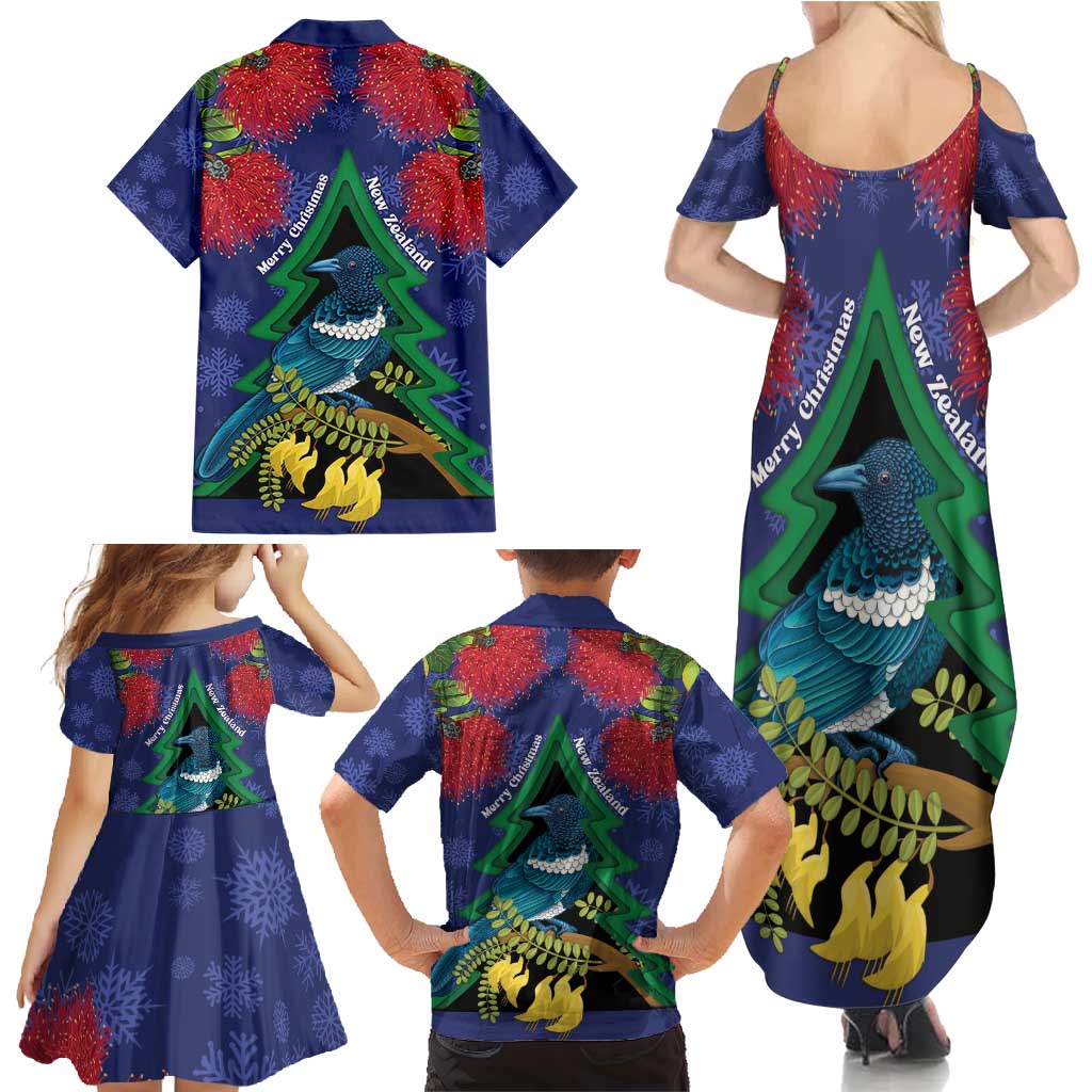 New Zealand Christmas In July Family Matching Summer Maxi Dress and Hawaiian Shirt Kowhai Tui Bird With Pohutukawa - Blue