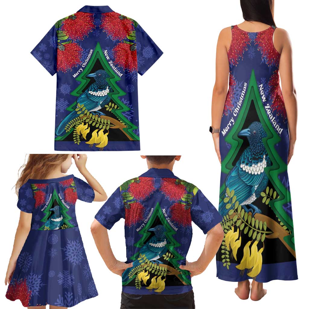 New Zealand Christmas In July Family Matching Tank Maxi Dress and Hawaiian Shirt Kowhai Tui Bird With Pohutukawa - Blue