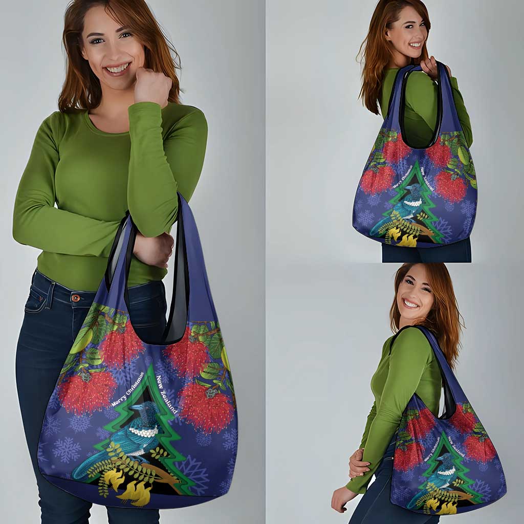 New Zealand Christmas In July Grocery Bag Kowhai Tui Bird With Pohutukawa - Blue