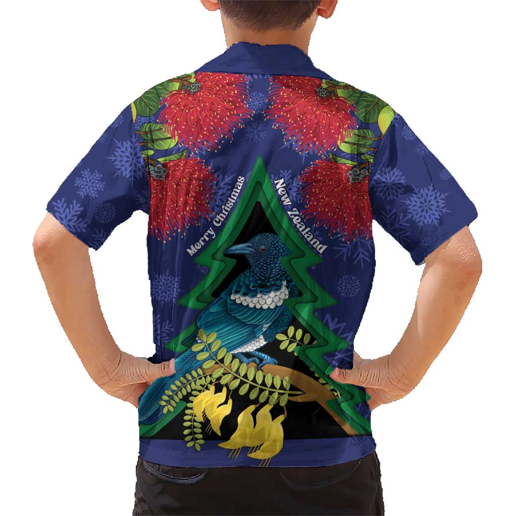 New Zealand Christmas In July Hawaiian Shirt Kowhai Tui Bird With Pohutukawa - Blue