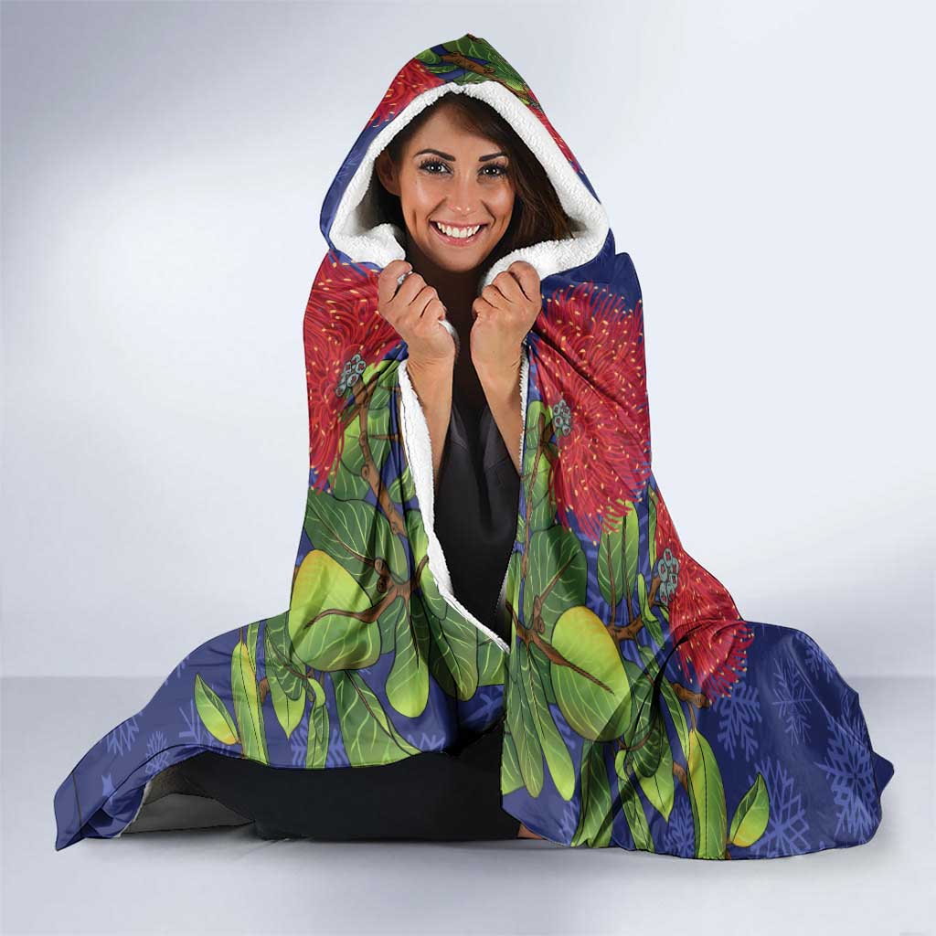 New Zealand Christmas In July Hooded Blanket Kowhai Tui Bird With Pohutukawa - Blue