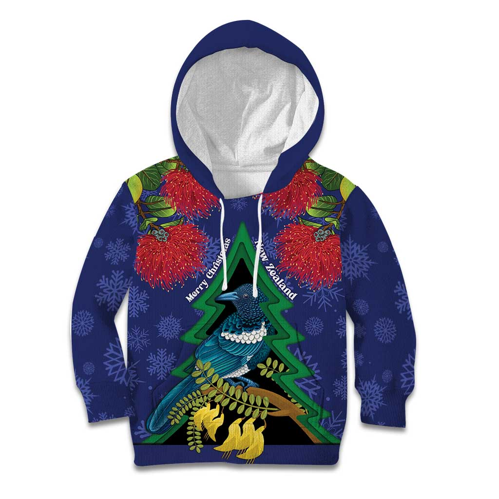 New Zealand Christmas In July Kid Hoodie Kowhai Tui Bird With Pohutukawa - Blue