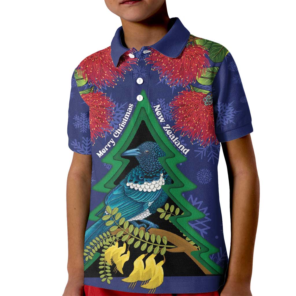 New Zealand Christmas In July Kid Polo Shirt Kowhai Tui Bird With Pohutukawa - Blue