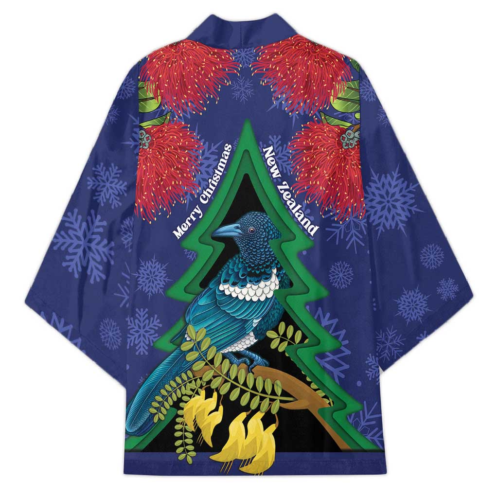 New Zealand Christmas In July Kimono Kowhai Tui Bird With Pohutukawa - Blue - Polynesian Pride