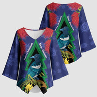 New Zealand Christmas In July Kimono Sleeve Blouse Kowhai Tui Bird With Pohutukawa - Blue - Polynesian Pride