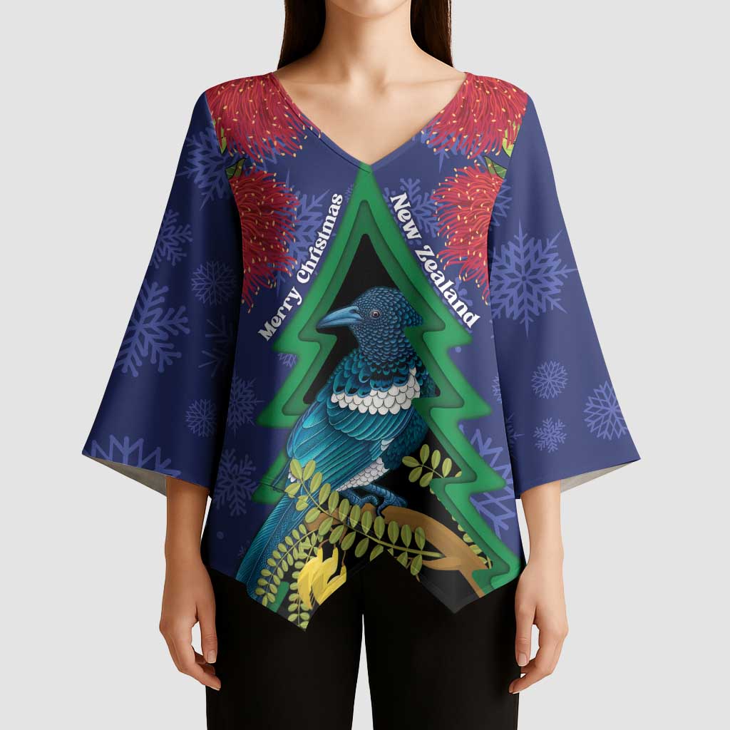 New Zealand Christmas In July Kimono Sleeve Blouse Kowhai Tui Bird With Pohutukawa - Blue - Polynesian Pride