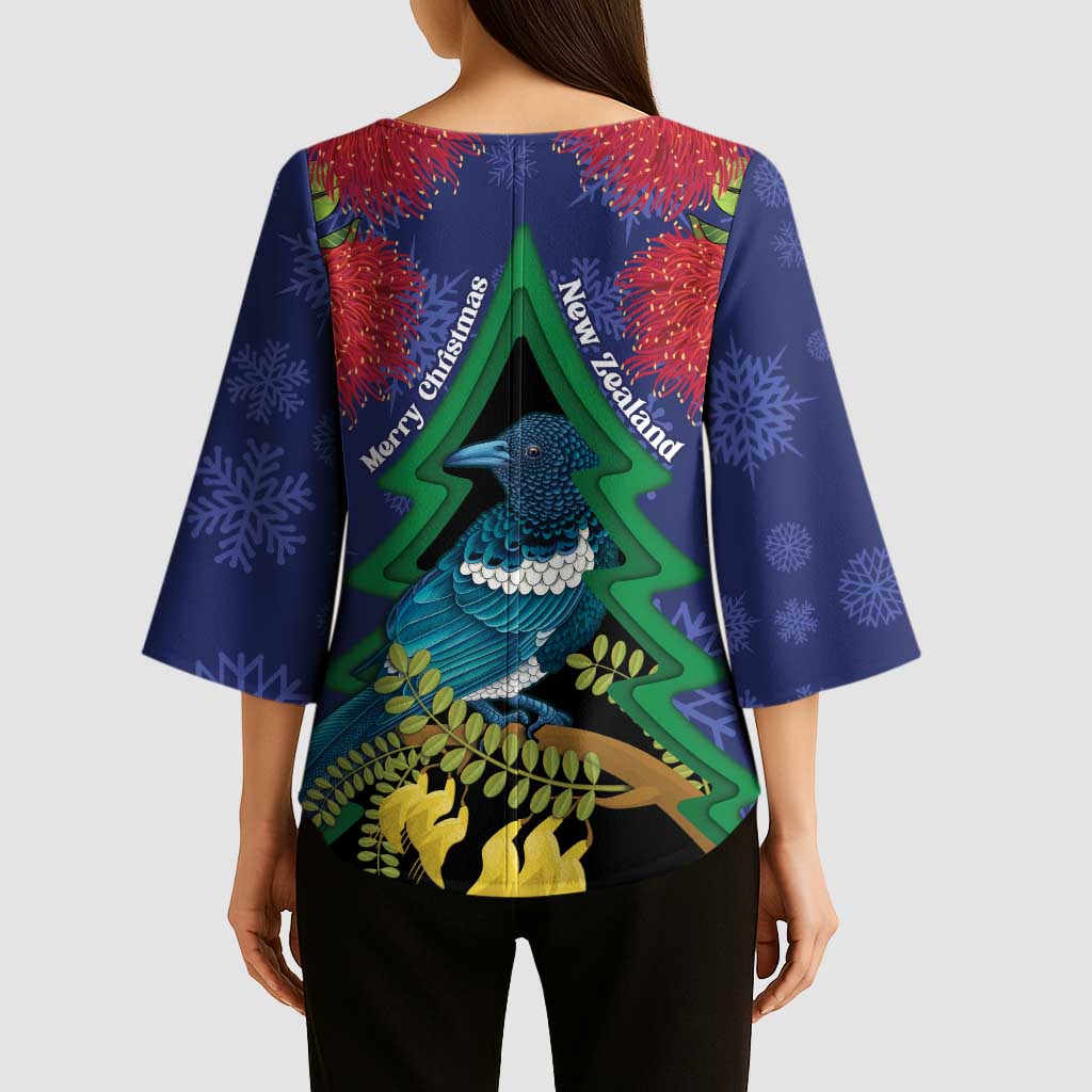 New Zealand Christmas In July Kimono Sleeve Blouse Kowhai Tui Bird With Pohutukawa - Blue - Polynesian Pride