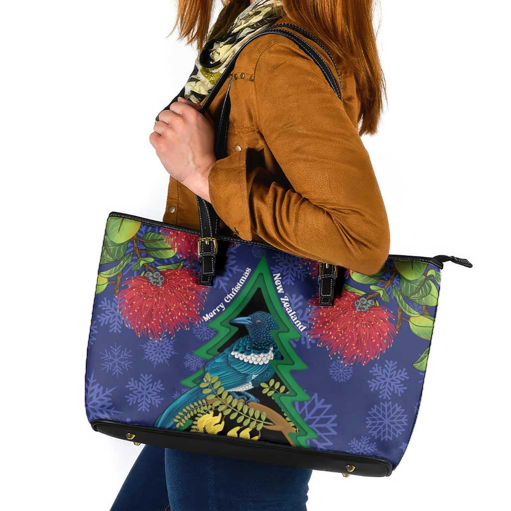 New Zealand Christmas In July Leather Tote Bag Kowhai Tui Bird With Pohutukawa - Blue