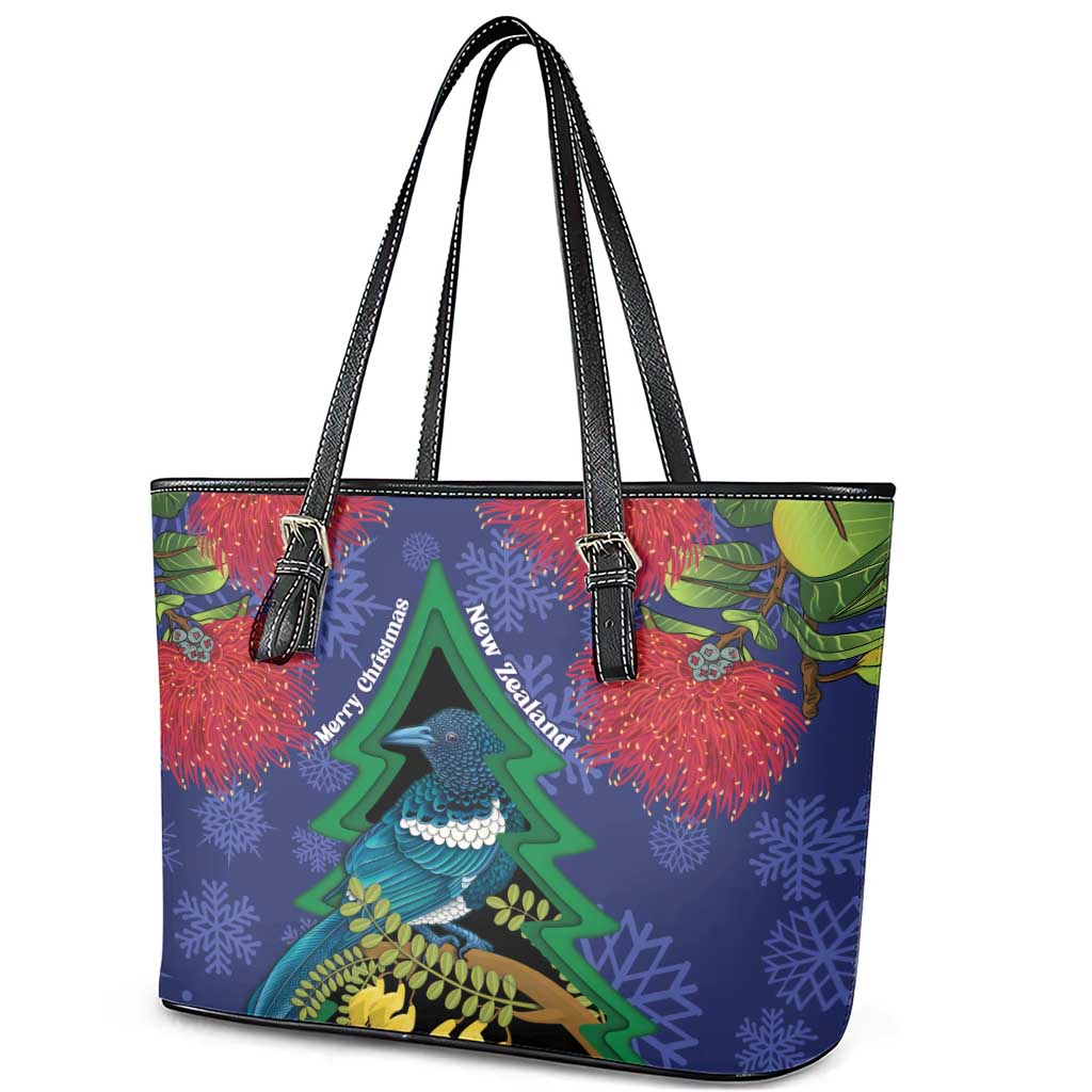 New Zealand Christmas In July Leather Tote Bag Kowhai Tui Bird With Pohutukawa - Blue