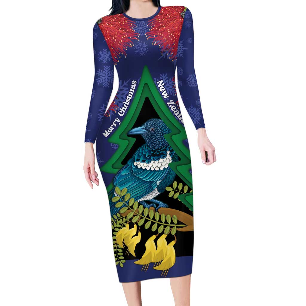 New Zealand Christmas In July Long Sleeve Bodycon Dress Kowhai Tui Bird With Pohutukawa - Blue